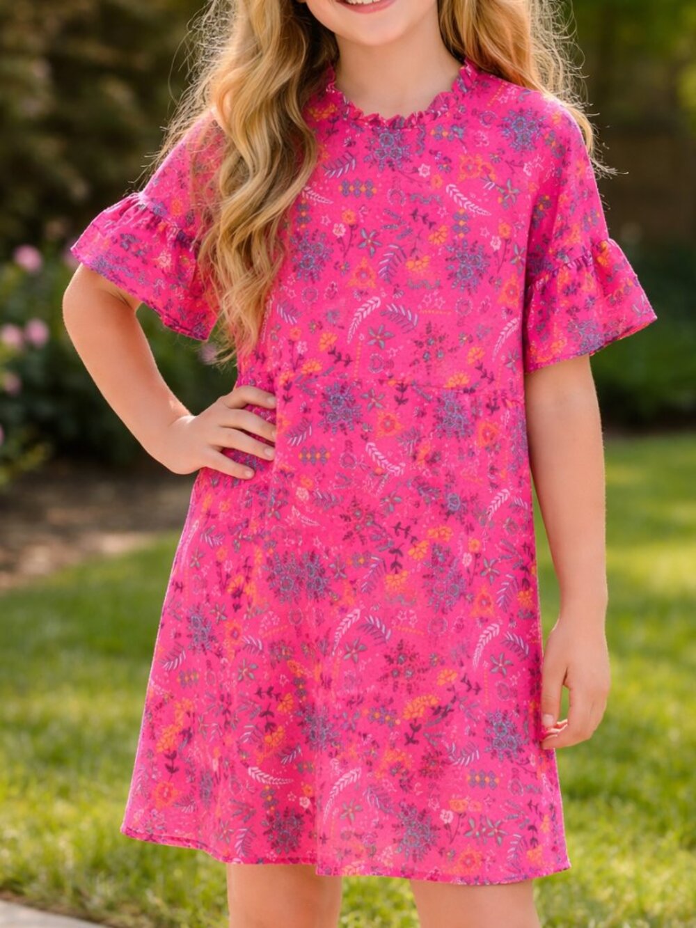 Wonder Nation Girls Pink Floral Dress L (10-12) Plus Ruffle Sleeve Boho